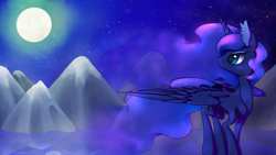 Size: 1600x900 | Tagged: safe, artist:glazly042, imported from derpibooru, princess luna, ear fluff, female, looking back, moon, mountain, night, solo, spread wings