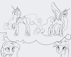 Size: 1280x1032 | Tagged: safe, artist:silfoe, imported from derpibooru, princess cadance, twilight sparkle, alicorn, pony, royal sketchbook, dream, ethereal mane, fantasy, female, grayscale, mare, monochrome, thought bubble, twilight sparkle (alicorn), ultimate cadance, ultimate twilight