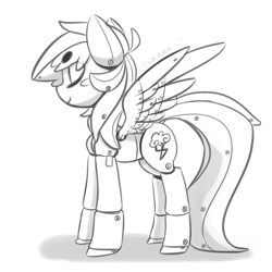 Size: 1200x1200 | Tagged: safe, artist:xieril, imported from derpibooru, rainbow dash, android, robot, beanbrows, doll, eyes closed, female, grayscale, gynoid, joint, monochrome, screw, solo, toy