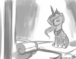 Size: 1000x778 | Tagged: safe, artist:johnjoseco, imported from derpibooru, princess luna, female, frown, grayscale, monochrome, sad, sitting, solo, throne