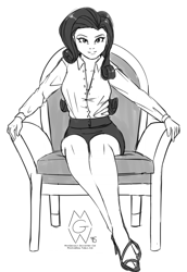 Size: 1328x1929 | Tagged: safe, artist:mykegreywolf, imported from derpibooru, rarity, human, chair, female, humanized, monochrome, sitting, solo