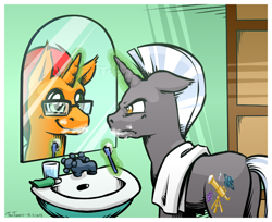 Size: 900x734 | Tagged: safe, artist:taritoons, imported from derpibooru, oc, oc only, oc:scope, oc:sunflare, pony, unicorn, bathroom, brushing teeth, butt, levitation, magic, male, mirror, plot, stallion, telekinesis, toothbrush