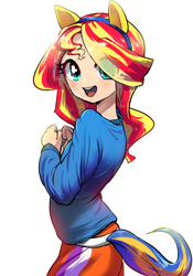 Size: 700x1000 | Tagged: safe, artist:quizia, imported from derpibooru, sunset shimmer, human, equestria girls, blushing, clothes, cute, eye clipping through hair, female, hair over one eye, hnnng, humanized, looking at you, open mouth, pony ears, quizia is trying to murder us, shimmerbetes, simple background, skirt, solo, sweater, white background, wondercolts