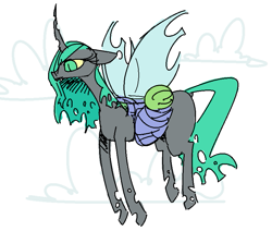 Size: 815x692 | Tagged: safe, artist:nobody, imported from derpibooru, queen chrysalis, oc, oc:anon, changeling, changeling queen, human, bugmom, carrying, child, curved horn, duo, female, flying, kid anon, male, mommy chrissy, mother, mother and son, not salmon, smiling, wat, wtf