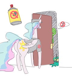 Size: 1966x2057 | Tagged: safe, artist:nobody, imported from derpibooru, princess celestia, queen chrysalis, oc, oc:anon, alicorn, changeling, changeling queen, human, pony, bug spray, clothes, door, exterminator, female, hat, male, mare, shirt