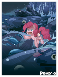 Size: 1000x1313 | Tagged: safe, artist:zombie, imported from derpibooru, pinkie pie, fish, pony, crossover, cute, diapinkes, ocean, open mouth, ponyo, studio ghibli, water