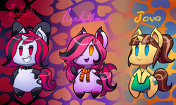 Size: 1901x1135 | Tagged: artist needed, safe, imported from derpibooru, oc, oc only, oc:arrhythmia, oc:java chip, oc:lilith, bat pony, pony, unicorn, apron, bow, chibi, chubby, clothes, earring, freckles, hair bow, hair over one eye, heart background, piercing, scarf, socks, succupony