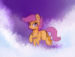 Size: 1024x768 | Tagged: safe, artist:nerdponymod, imported from derpibooru, scootaloo, pegasus, pony, blank flank, cute, cutealoo, female, filly, foal, looking at you, looking back, scootaloo can fly, sky, smiling, solo, underhoof