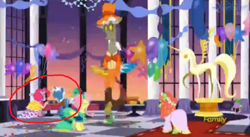 Size: 846x462 | Tagged: safe, edit, edited screencap, imported from derpibooru, screencap, discord, perry pierce, pinkie pie, spike, tree hugger, pony, make new friends but keep discord, balloon, blurry, circled, grand galloping gala, low quality, needs more jpeg, third doctor