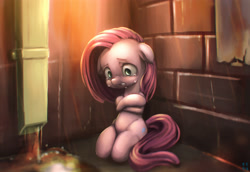 Size: 3508x2411 | Tagged: safe, artist:mrs1989, imported from derpibooru, pinkie pie, brick wall, crying, female, lonely, lost, outdoors, pinkamena diane pie, rain, sad, solo