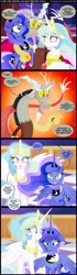 Size: 900x3225 | Tagged: safe, artist:coltsteelstallion, imported from derpibooru, discord, princess celestia, princess luna, make new friends but keep discord, comic, crying, dragon ball, dragon ball z, woobie