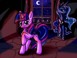 Size: 1024x768 | Tagged: safe, artist:amy2sa-fan, imported from derpibooru, princess luna, twilight sparkle, crescent moon, moon, night, transparent moon