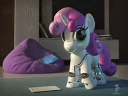 Size: 2048x1536 | Tagged: safe, artist:expir, imported from derpibooru, sweetie belle, pony, robot, robot pony, unicorn, 3d, 3ds max, beanbag chair, blank flank, book, cute, diasweetes, female, filly, foal, hooves, horn, looking at you, pose, smiling, solo, sweetie bot, tablet