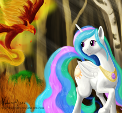 Size: 1600x1486 | Tagged: safe, artist:winternachts, imported from derpibooru, philomena, princess celestia, phoenix, fire, forest