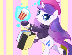 Size: 400x307 | Tagged: safe, artist:pan, imported from derpibooru, rarity, beatnik rarity, beret, clothes, coffee, female, hat, shopping bag, shopping bags, solo, sweater