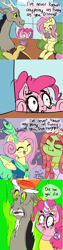 Size: 1000x4000 | Tagged: safe, artist:wickedsilly, imported from derpibooru, discord, fluttershy, pinkie pie, tree hugger, make new friends but keep discord, bloodshot eyes, comic, dialogue, funny, speech bubble, vulgar