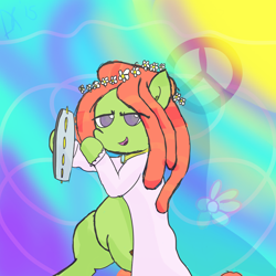 Size: 3500x3500 | Tagged: safe, artist:davierocket, imported from derpibooru, tree hugger, make new friends but keep discord, female, floral head wreath, flower in hair, mercedes symbol mistaken for peace sign, musical instrument, peace symbol, solo, tambourine