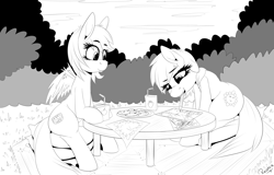 Size: 3134x2000 | Tagged: safe, artist:replica, imported from derpibooru, oc, oc only, oc:cruise control, oc:reppy, earth pony, pegasus, pony, cookie, drawing, earth ponies cant draw, floppy ears, grayscale, juice box, lineart, monochrome, mouth hold, outdoors, pencil, rule 63, sitting, smiling