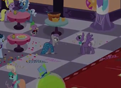 Size: 679x495 | Tagged: safe, imported from derpibooru, screencap, lyrica lilac, maud pie, perry pierce, silver script, smooze, spike, spring melody, sprinkle medley, time flies, make new friends but keep discord, background pony, balloon, confetti, open mouth, smiling, spoiler, spread wings, when she smiles