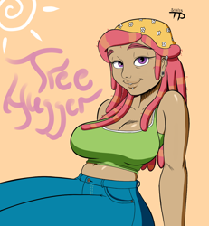 Size: 1200x1300 | Tagged: safe, artist:thethunderpony, imported from derpibooru, tree hugger, human, make new friends but keep discord, bedroom eyes, big breasts, breasts, busty tree hugger, cleavage, clothes, dark skin, earring, female, humanized, jeans, midriff, pants, piercing, solo