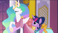 Size: 900x506 | Tagged: safe, imported from derpibooru, screencap, princess celestia, twilight sparkle, alicorn, pony, make new friends but keep discord, absurd file size, absurd gif size, animated, clothes, cute, cutelestia, double take, dress, duo, female, gala dress, grin, mare, smiling, surprised, talking, trollestia, twilight sparkle (alicorn), wide eyes