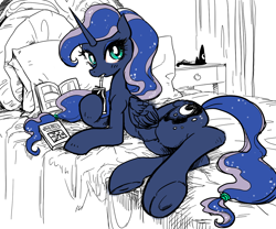 Size: 1200x1000 | Tagged: safe, artist:han_hyui, imported from derpibooru, princess luna, alicorn, pony, bed, black and white, cute, female, grayscale, looking at you, lunabetes, mare, neo noir, one piece, partial color, soda, solo, underhoof