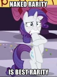 Size: 254x343 | Tagged: safe, edit, edited screencap, imported from derpibooru, screencap, rarity, make new friends but keep discord, assisted exposure, blushing, caption, clothing theft, covering, embarrassed, humiliation, image macro, lewd, meme, naked rarity, we don't normally wear clothes