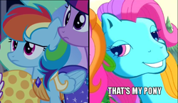 Size: 830x480 | Tagged: safe, imported from derpibooru, screencap, rainbow dash, rainbow dash (g3), twilight sparkle, make new friends but keep discord, alternate hairstyle, clothes, dress, g3, gala dress, greetings from unicornia, image macro, meme, rainbow dash always dresses in style, that's my pony, that's my x