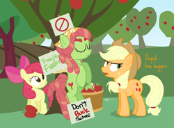 Size: 950x700 | Tagged: safe, artist:dm29, imported from derpibooru, apple bloom, applejack, tree hugger, earth pony, pony, make new friends but keep discord, apple, apple tree, applejack is not amused, female, hippie, mare, picket sign, protest, sweet apple acres, tied to tree, tied up, tree, trio, unamused