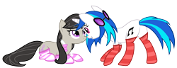 Size: 3000x1149 | Tagged: safe, artist:alexiy777, imported from derpibooru, dj pon-3, octavia melody, vinyl scratch, earth pony, pony, unicorn, bow, bowtie, clothes, female, lesbian, looking at each other, mare, scratchtavia, shipping, simple background, smiling, socks, striped socks, transparent background, vector