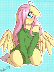 Size: 1500x2000 | Tagged: safe, artist:silverfox057, imported from derpibooru, fluttershy, anthro, pegasus, bare shoulders, blushing, clothes, cute, ear fluff, female, floppy ears, hair over one eye, oversized clothes, oversized shirt, shirt, shy, shyabetes, signature, socks, solo, sweater, sweatershy