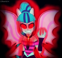 Size: 600x565 | Tagged: safe, artist:cbear624, imported from derpibooru, sonata dusk, equestria girls, evil grin, fin wings, glowing eyes, looking at you, ponied up