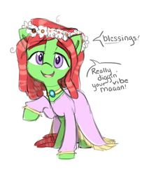 Size: 1700x2000 | Tagged: safe, artist:meotashie, imported from derpibooru, tree hugger, pony, make new friends but keep discord, clothes, cute, dialogue, dress, female, floral head wreath, flower, gala dress, huggerbetes, jewelry, necklace, raised leg, solo