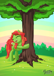 Size: 955x1351 | Tagged: safe, artist:mysticalpha, imported from derpibooru, tree hugger, earth pony, pony, make new friends but keep discord, cute, eyebrows, eyes closed, female, happy, hug, huggerbetes, mare, open mouth, open smile, pun, signature, smiling, solo, tree, tree hugger hugging a tree, visual pun
