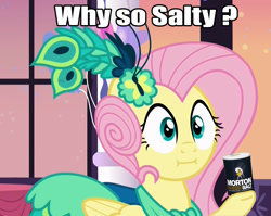 Size: 1275x1017 | Tagged: safe, edit, edited screencap, imported from derpibooru, screencap, fluttershy, make new friends but keep discord, :i, flutterface, image macro, meme, salt, we bought two cakes