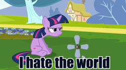 Size: 500x280 | Tagged: safe, edit, edited screencap, imported from derpibooru, screencap, twilight sparkle, pony, unicorn, hurricane fluttershy, anemometer, female, grumpy twilight, hate, image macro, mare, meme, sitting, solo, unicorn twilight