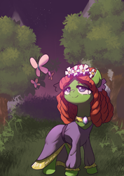 Size: 2894x4093 | Tagged: safe, artist:yajima, imported from derpibooru, tree hugger, butterfly, earth pony, pony, make new friends but keep discord, clothes, cute, dress, female, huggerbetes, mare, pixiv, smiling, solo, that was fast