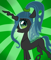 Size: 2000x2343 | Tagged: safe, artist:shishapony, imported from derpibooru, queen chrysalis, changeling, changeling queen, nymph, alternate hairstyle, cute, cutealis, female, looking at you, ponytail, raised leg, smiling, solo, sunburst background, younger