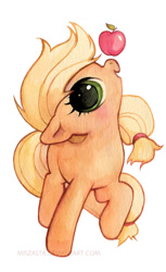 Size: 450x734 | Tagged: safe, artist:miszasta, imported from derpibooru, applejack, apple, balancing, chibi, cute, female, filly, filly applejack, jackabetes, ponies balancing stuff on their nose, solo, younger