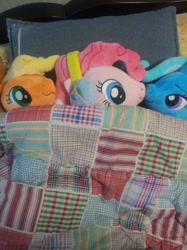 Size: 637x850 | Tagged: safe, artist:onlyfactory, imported from derpibooru, applejack, pinkie pie, trixie, pony, unicorn, blanket, bootleg, cute, female, irl, mare, photo, plushie