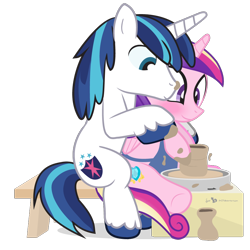 Size: 920x920 | Tagged: safe, artist:dm29, imported from derpibooru, princess cadance, shining armor, blushing, ceramics, clay, female, julian yeo is trying to murder us, male, pottery, pottery wheel, shiningcadance, shipping, simple background, straight, transparent background, unchained melody