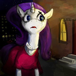 Size: 2500x2500 | Tagged: safe, artist:poniebones, imported from derpibooru, rarity, pony, clothes, dress, female, necklace, running makeup, solo