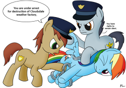 Size: 2324x1623 | Tagged: safe, artist:mkogwheel, imported from derpibooru, rainbow dash, earth pony, pegasus, pony, tanks for the memories, arrested, backwards cutie mark, bad end, cuffs, female, hand cuffs, hogtied, mare, police, prisoner rd, reality ensues, simple background, transparent background, trio