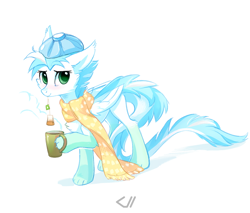 Size: 700x597 | Tagged: safe, artist:tomatocoup, imported from derpibooru, oc, oc only, oc:patch, dracony, dragon, feathered dragon, hybrid, pony, clothes, scarf, solo, tea