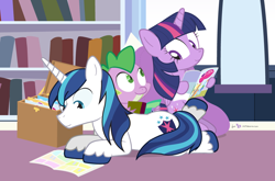 Size: 1100x725 | Tagged: safe, artist:dm29, imported from derpibooru, shining armor, spike, twilight sparkle, alicorn, pony, book, comic book, cute, fourth wall, free comic book day, reading, trio, twilight sparkle (alicorn)