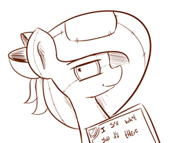 Size: 1200x1000 | Tagged: safe, artist:artguydis, imported from derpibooru, oc, oc only, oc:raggie, hagwarders, original species, bow, hair bow, i see what you did there, monochrome, whiteboard