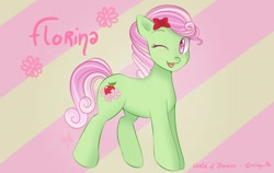 Size: 1124x710 | Tagged: safe, artist:liny-an, imported from derpibooru, florina tart, earth pony, pony, apple family member, flower, one eye closed, ribbon, solo, wink