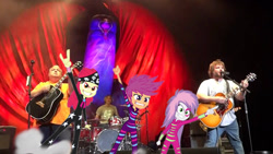 Size: 1280x720 | Tagged: safe, imported from derpibooru, screencap, apple bloom, scootaloo, sweetie belle, equestria girls, battle of the bands, cutie mark crusaders, devil horn (gesture), rock (music), tenacious d