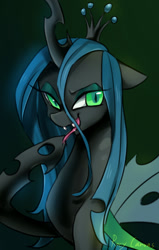 Size: 661x1039 | Tagged: safe, artist:rocy canvas, imported from derpibooru, queen chrysalis, changeling, changeling queen, crown, eyeshadow, fangs, female, floppy ears, jewelry, lidded eyes, looking at you, makeup, open mouth, pixiv, raised hoof, regalia, smiling, solo, tongue out