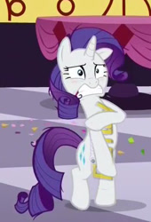 Size: 344x507 | Tagged: safe, edit, edited screencap, imported from derpibooru, screencap, rarity, make new friends but keep discord, assisted exposure, clothing theft, covering, discovery family logo, embarrassed, fourth wall, implied nudity, naked rarity, we don't normally wear clothes